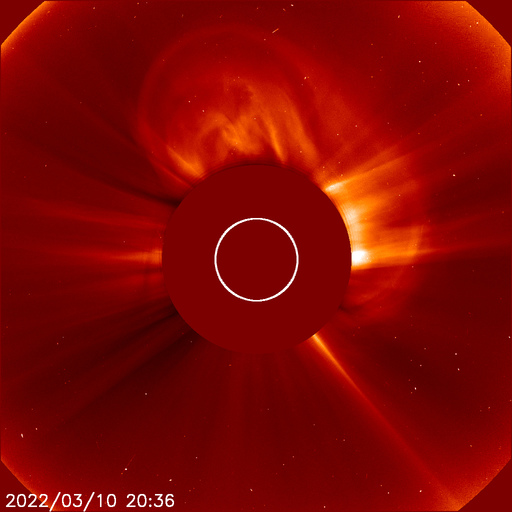 Coronagraph image showing the Coronal Mass Ejection leaving the Sun on 10th March. Credit: SOHO/LASCO NASA/ESA.