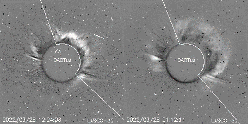 Images showing the two full-halo CMEs associated with the M-class flares, with the second CME occurring approximately 9 hours after the first.  