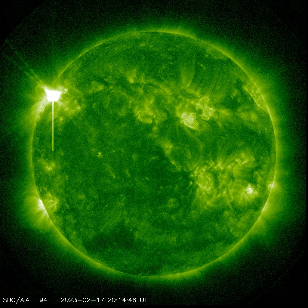 Image of the Sun showing the X-class flare on the 17th February from the Solar Dynamic Observatory. The flare can be seen to the top left of the image. Image SDO/NASA