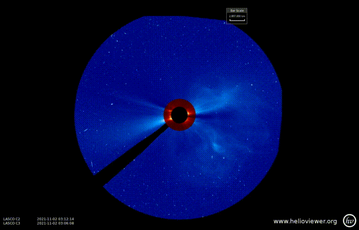 Coronagraph images showing the halo CME from 2nd Nov. An earlier CME can also be seen in the bottom right of the image. Coronagraph credit: SOHO/LASCO (ESA/NASA), gif made using helioviewer.org.