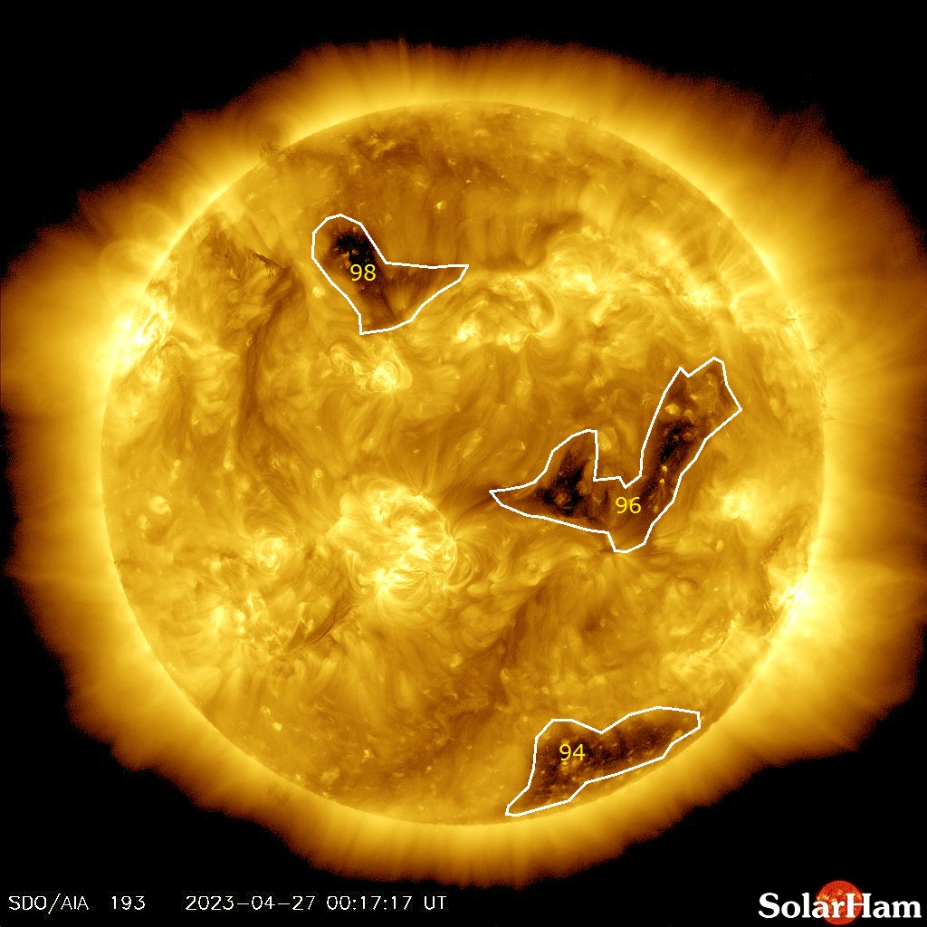 Image from the SDO satellite showing the dark regions where the coronal hole is.