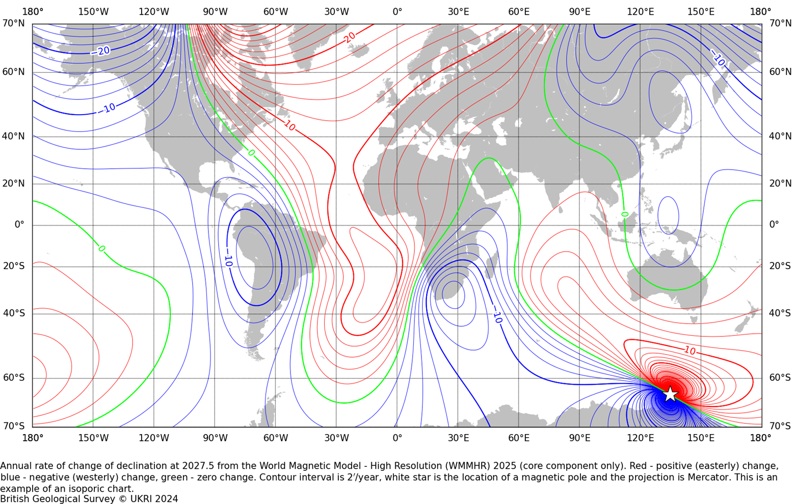 Annual rate of change of declination at 2027.5 from the World Magnetic Model - High Resolution (WMMHR2025)