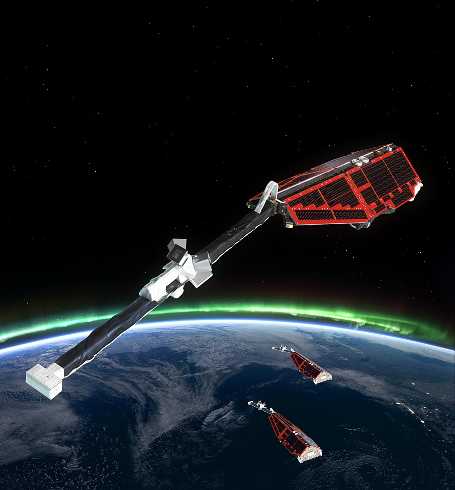 Artist's impression of the three Swarm satellite orbital configuration. Two fly initially at an altitude of 450 km while the third flies at 530 km. Each satellite consist of a solar-panel covered body from which a four-metre boom with the magnetic field measuring instruments extends out the rear. Copyright: ESA/AOES Medialab.