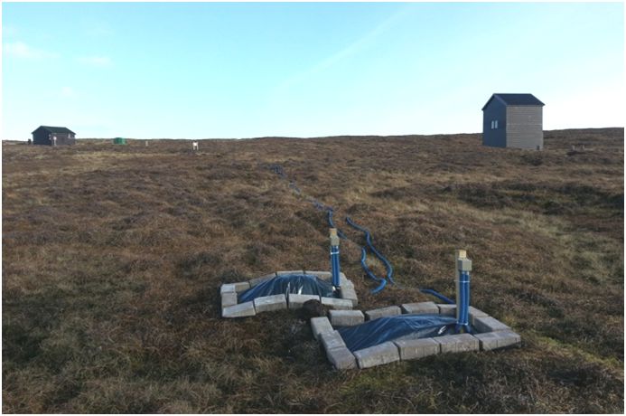 Figure 1: Installation of the measurement electrodes at Lerwick observatory in the Shetland Islands.