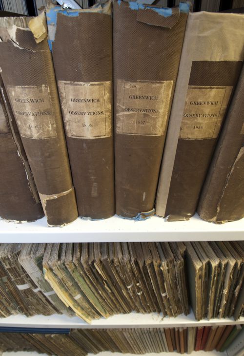 Photo showing a selection of historical observatory yearbooks.