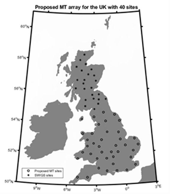 SAGE magnetotelluric survey sites (open circles) and legacy SWIGS surveys (closed circles)