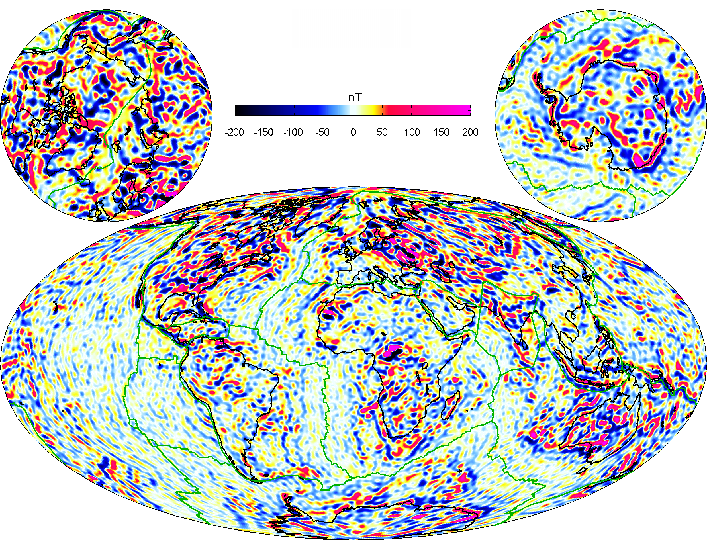 Figure 3: A model of the vertical component of the lithospheric field; strongest lithospheric fields are shown in red and blue. Large continental anomalies and symmetrical features either side of the Atlantic sea-floor spreading axis are clearly visible.