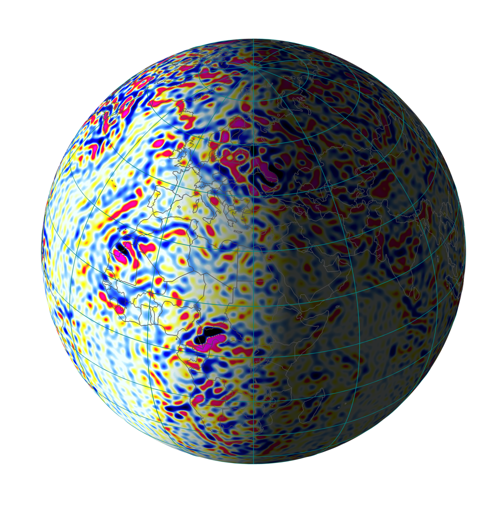Vertical component of the BGS lithospheric magnetic field. Red shows field pointing inwards, blue shows field pointing outwards. The model is computed to spherical harmonic degree 133, resolving features down to ~300 km.