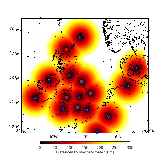 Prospective locations for Quantum Magnetometers (Red) and current locations of magnetic field observations (blue)