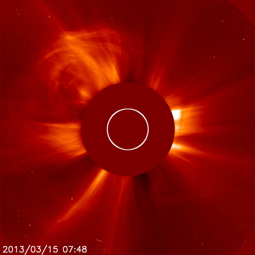 SOHO coronagraph image of the coronal mass ejection. Image NASA/ESA