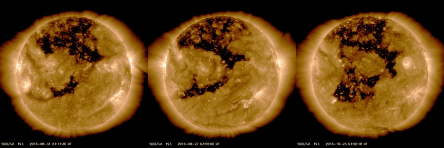 Image of the Sun from the Solar Dynamic Observatory showing the extent of the coronal hole on the last three rotations. (SDO/NASA)