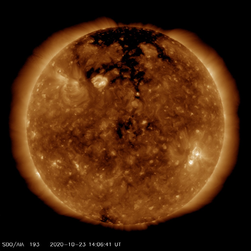EUV image from SDO satellite showing the large southern extension of the northern polar coronal hole  responsible for the anticipated storm events (black area of the Sun). Image from SDO (NASA).
