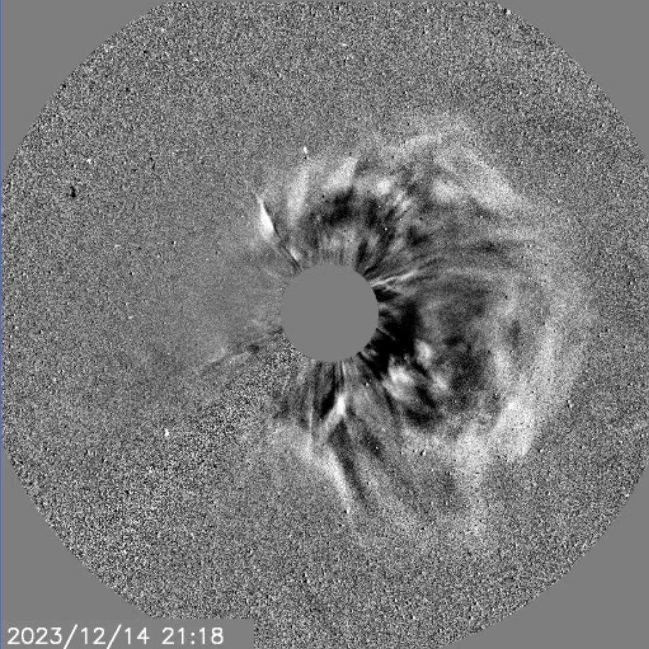 A asymmetric full-halo CME observed on 14th December 2023. Difference coronagraph imagery provided by SOHO/LASCO (ESA/NASA).