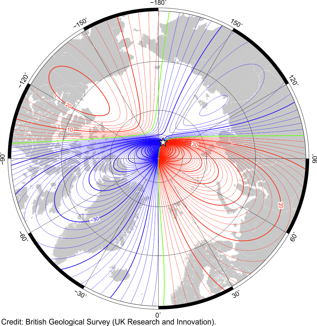 Declination (magnetic variation) in region of north pole at 2020.0 from the World Magnetic Model . Red - positive (east), blue - negative (west), green - zero. Contour interval is 5°.
