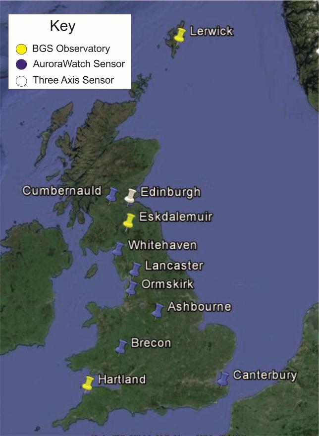Figure 1: Location of AuroraWatch magnetometers (blue), BGS observatories (yellow) and Edinburgh.